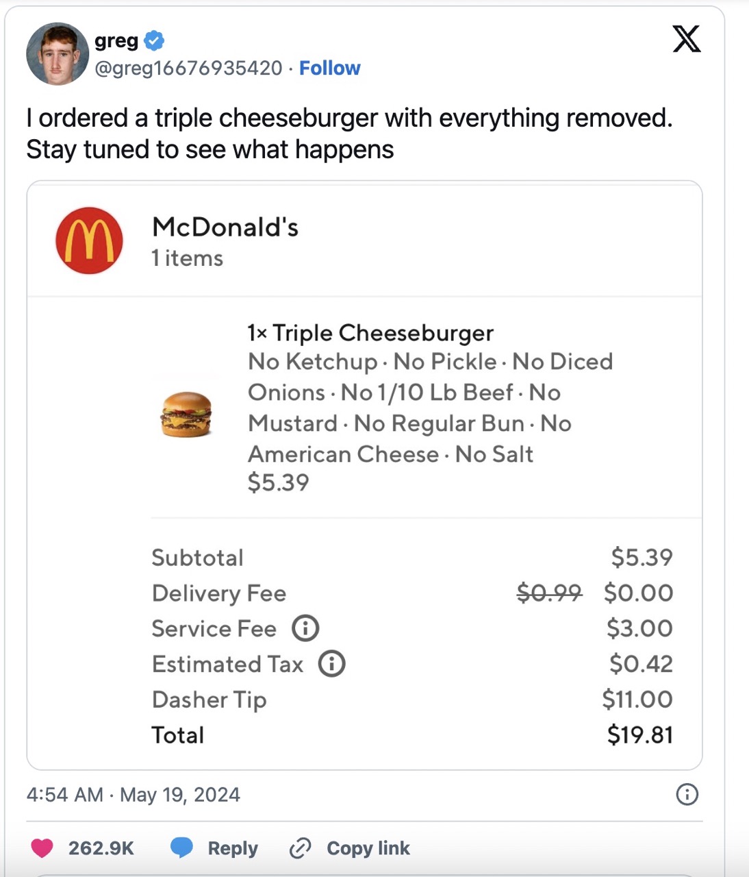 McDonald's Burger With "Everything Removed"